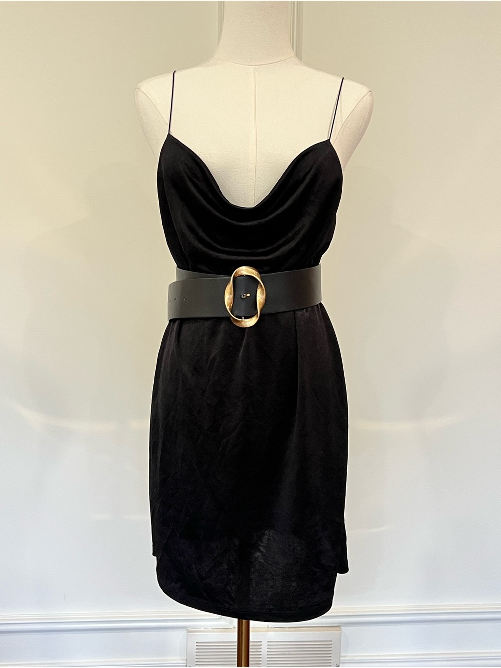 Black Satin Cowl Neck Slip Mini Dress Y2K 90s Minimalist Effortless Noir Sz M